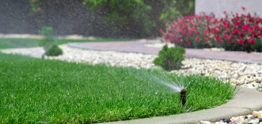 pressure regulated Sprinkler head spraying water in grass yard