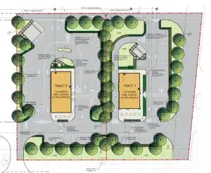 Landscape architectural site plan revealing two tracts with parking spaces and surrounding trees, designed with program management precision.