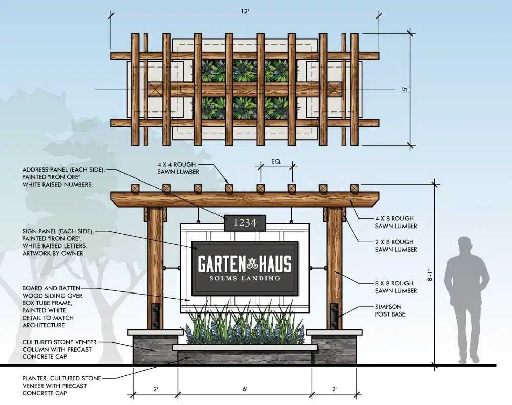 architectural illustration showcasing a wooden entrance sign labeled "Garten Haus" with dimensions, materials, and plant details. The design integrates hardscape designs, and a figure provides scale.