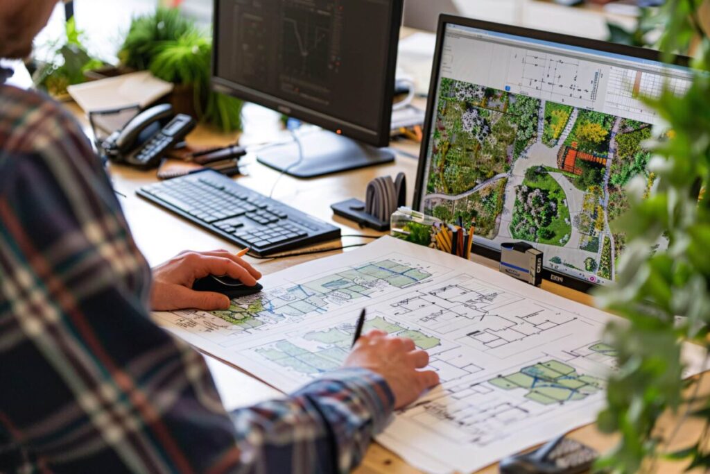 Landscape architect working in home office with landscape plans on paper near computer